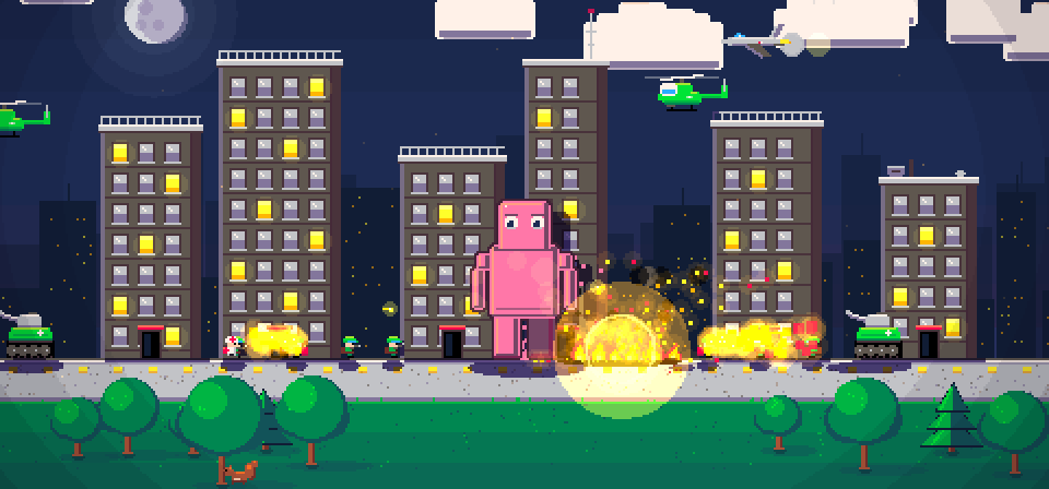 Tiny Humans — a giant pink alien stomping through a city at night