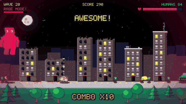 Tiny Humans gameplay — a giant pink alien crushing a city's tiny army